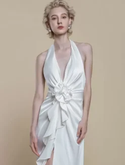 Simple Wedding Dress Polyester Designed Neckline Sleeveless Flowers Sheath 50cm Bridal Dresses