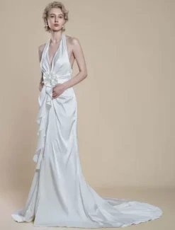 Simple Wedding Dress Polyester Designed Neckline Sleeveless Flowers Sheath 50cm Bridal Dresses