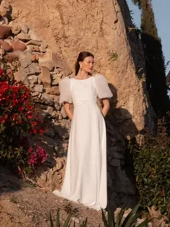 Simple Wedding Dress Satin Fabric Jewel Neck Short Sleeves Sash A-Line Bridal Dresses