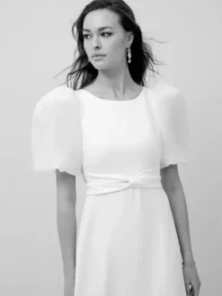 Simple Wedding Dress Satin Fabric Jewel Neck Short Sleeves Sash A-Line Bridal Dresses
