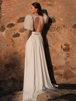 Simple Wedding Dress Satin Fabric Jewel Neck Short Sleeves Sash A-Line Bridal Dresses