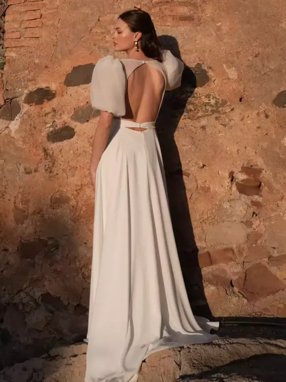 Simple Wedding Dress Satin Fabric Jewel Neck Short Sleeves Sash A-Line Bridal Dresses