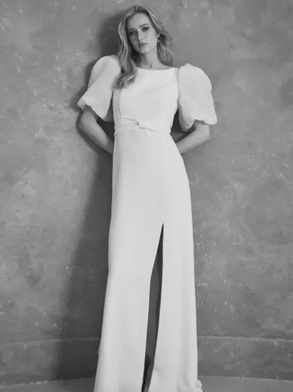 Simple Wedding Dress Satin Fabric Jewel Neck Short Sleeves Sash A-Line Bridal Dresses