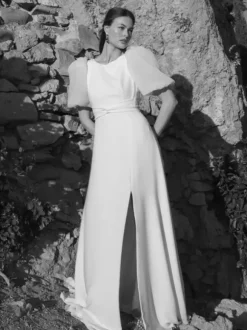 Simple Wedding Dress Satin Fabric Jewel Neck Short Sleeves Sash A-Line Bridal Dresses