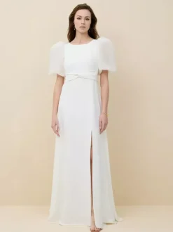 Simple Wedding Dress Satin Fabric Jewel Neck Short Sleeves Sash A-Line Bridal Dresses