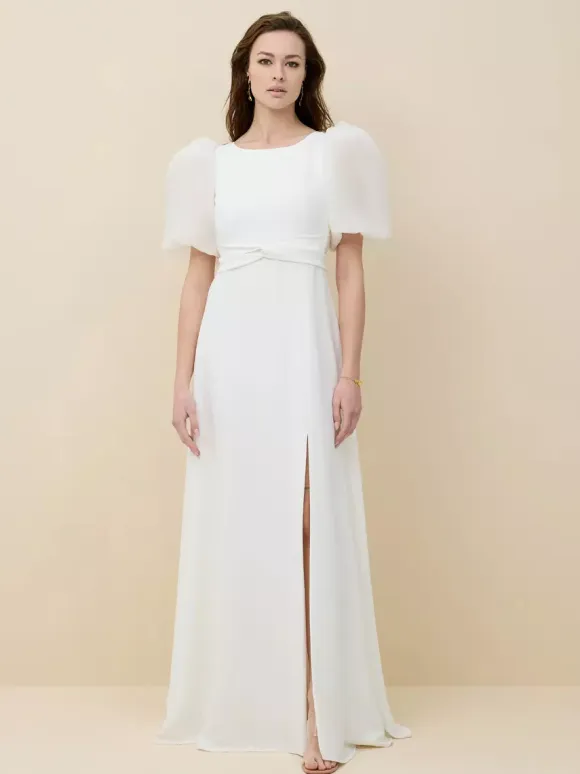 Simple Wedding Dress Satin Fabric Jewel Neck Short Sleeves Sash A-Line Bridal Dresses