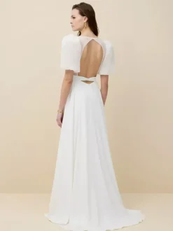 Simple Wedding Dress Satin Fabric Jewel Neck Short Sleeves Sash A-Line Bridal Dresses