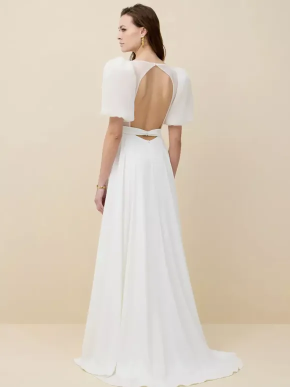 Simple Wedding Dress Satin Fabric Jewel Neck Short Sleeves Sash A-Line Bridal Dresses