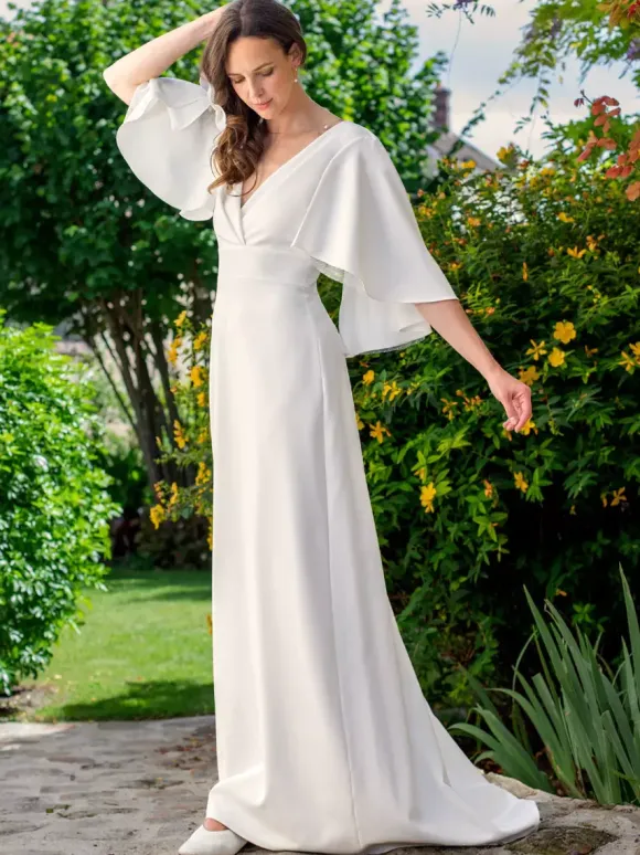 Simple Wedding Dress Satin Fabric V-Neck Half Sleeves Lace Ball Gown 30cm Bridal Dresses