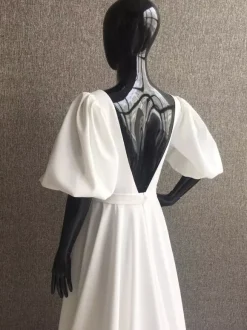 Simple Wedding Dress Satin Fabric Square Neck Short Sleeves Sash A-Line Bridal Gowns
