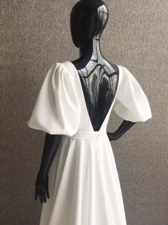 Simple Wedding Dress Satin Fabric Square Neck Short Sleeves Sash A-Line Bridal Gowns