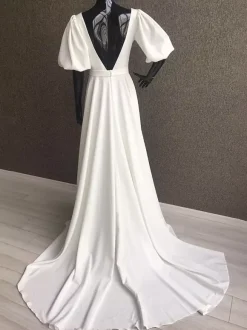 Simple Wedding Dress Satin Fabric Square Neck Short Sleeves Sash A-Line Bridal Gowns