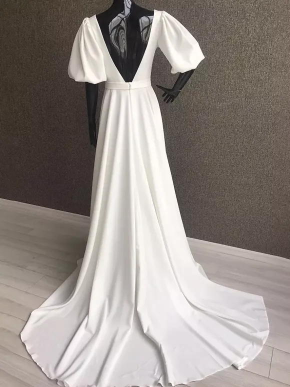Simple Wedding Dress Satin Fabric Square Neck Short Sleeves Sash A-Line Bridal Gowns