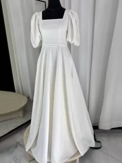 Simple Wedding Dress Satin Fabric Square Neck Short Sleeves Sash A-Line Bridal Gowns