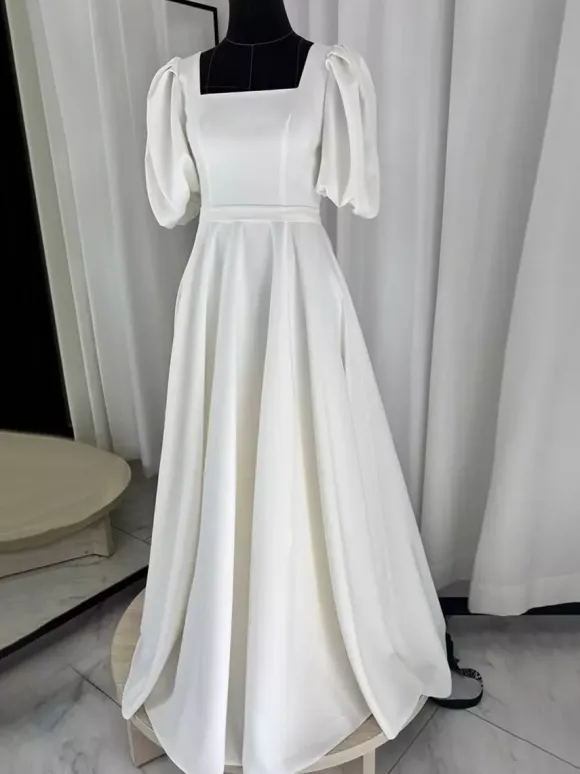 Simple Wedding Dress Satin Fabric Square Neck Short Sleeves Sash A-Line Bridal Gowns