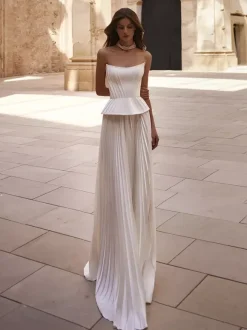 Simple Wedding Dress Satin Fabric Designed Neckline Sleeveless Pleated A-Line Bridal Gowns