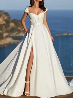 Simple Wedding Dress Satin Fabric Sweetheart Neck Sleeveless Split Front A-Line 50cm Bridal Dresses