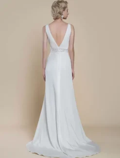 Simple Wedding Dress Satin Fabric V-Neck Sleeveless Lace Ball Gown 30cm Bridal Gowns