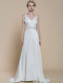 Simple Wedding Dress Satin Fabric V-Neck Sleeveless Lace Ball Gown 30cm Bridal Gowns