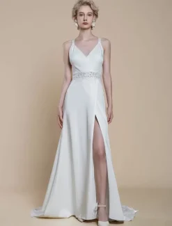 Simple Wedding Dress Satin Fabric V-Neck Sleeveless Lace Ball Gown 30cm Bridal Gowns
