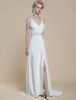 Simple Wedding Dress Satin Fabric V-Neck Sleeveless Lace Ball Gown 30cm Bridal Gowns