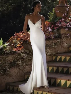 Simple Wedding Dress Satin Fabric V-Neck Sleeveless Criss-Cross Mermaid Bridal Gowns