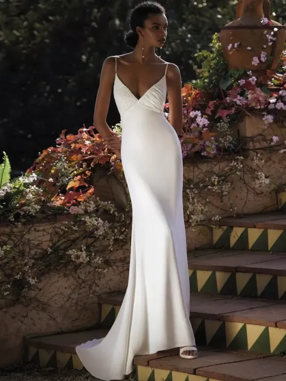 Simple Wedding Dress Satin Fabric V-Neck Sleeveless Criss-Cross Mermaid Bridal Gowns