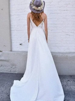 Simple Wedding Dress Satin Fabric V-Neck Sleeveless A-Line Bridal Dresses