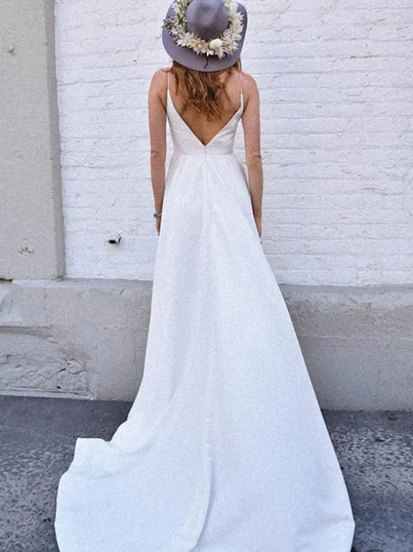 Simple Wedding Dress Satin Fabric V-Neck Sleeveless A-Line Bridal Dresses