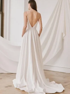 Simple Wedding Dress Satin Fabric V-Neck Sleeveless A-Line Bridal Dresses