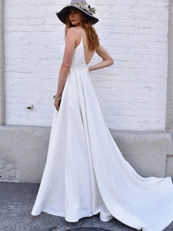 Simple Wedding Dress Satin Fabric V-Neck Sleeveless A-Line Bridal Dresses