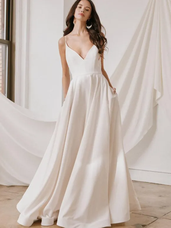 Simple Wedding Dress Satin Fabric V-Neck Sleeveless A-Line Bridal Dresses