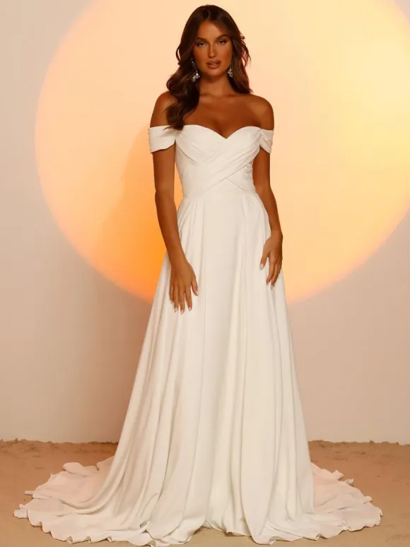 Simple Wedding Dress Satin Fabric Sweetheart Neck Sleeveless A-Line Bridal Gowns