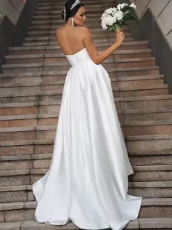 Simple Wedding Dress Satin Fabric Sweetheart Neck Sleeveless A-Line Bridal Gowns