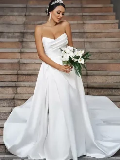 Simple Wedding Dress Satin Fabric Sweetheart Neck Sleeveless A-Line Bridal Gowns
