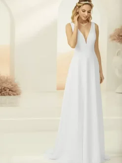 Simple Wedding Dress Satin Fabric V-Neck Sleeveless A-Line Bridal Gowns