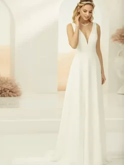 Simple Wedding Dress Satin Fabric V-Neck Sleeveless A-Line Bridal Gowns