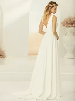 Simple Wedding Dress Satin Fabric V-Neck Sleeveless A-Line Bridal Gowns