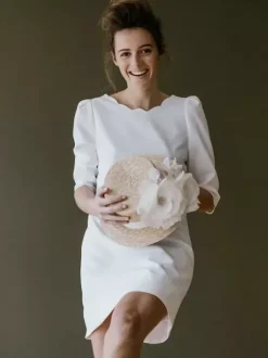 Simple Wedding Dress Short Designed Neckline 3/4 Length Sleeves Bridal Dresses