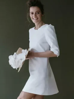 Simple Wedding Dress Short Designed Neckline 3/4 Length Sleeves Bridal Dresses