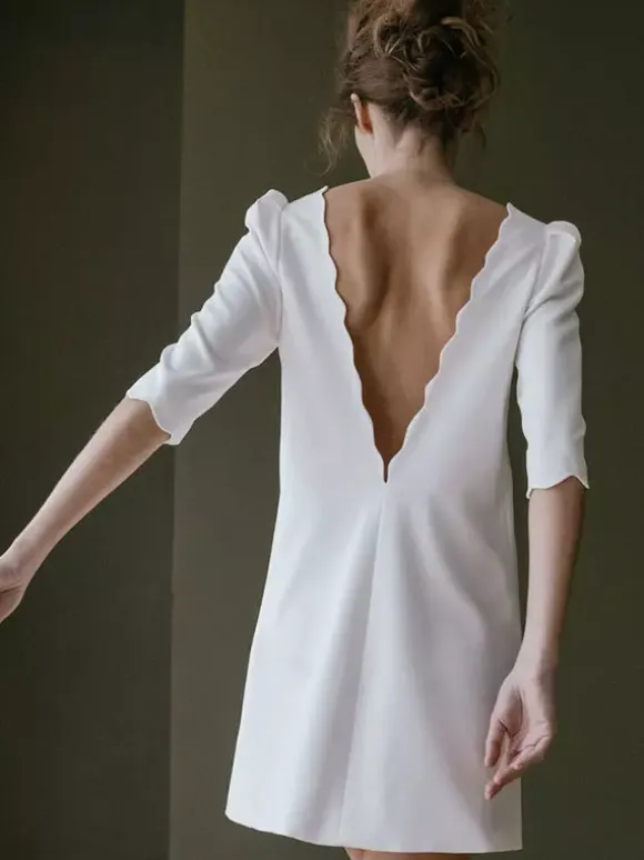 Simple Wedding Dress Short Designed Neckline 3/4 Length Sleeves Bridal Dresses