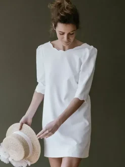 Simple Wedding Dress Short Designed Neckline 3/4 Length Sleeves Bridal Dresses