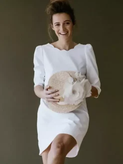 Simple Wedding Dress Short Designed Neckline 3/4 Length Sleeves Bridal Dresses