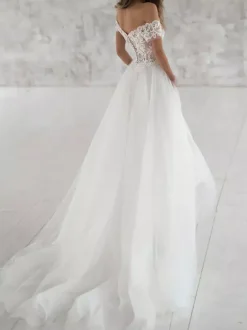 Simple Wedding Dress Tulle Off The Shoulder Short Sleeves Lace A Line Bridal Gowns