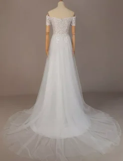 Simple Wedding Dress Tulle Off The Shoulder Short Sleeves Lace A Line Bridal Gowns