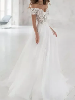 Simple Wedding Dress Tulle Off The Shoulder Short Sleeves Lace A Line Bridal Gowns