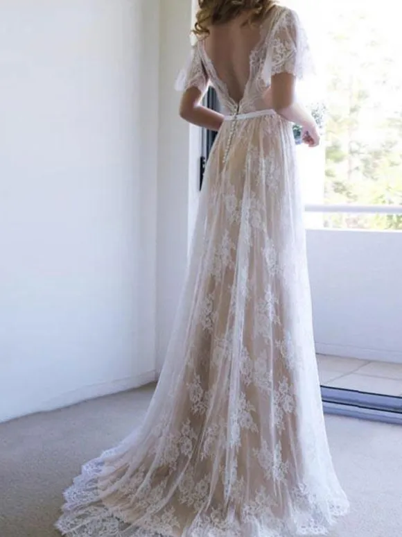 Simple Wedding Dress 2026 V Neck A Line Short Sleeve Deep V Backless Lace Bridal Gowns