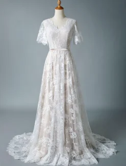 Simple Wedding Dress 2026 V Neck A Line Short Sleeve Deep V Backless Lace Bridal Gowns