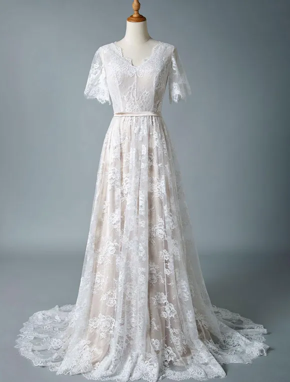 Simple Wedding Dress 2026 V Neck A Line Short Sleeve Deep V Backless Lace Bridal Gowns