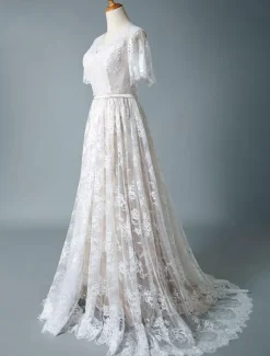 Simple Wedding Dress 2026 V Neck A Line Short Sleeve Deep V Backless Lace Bridal Gowns